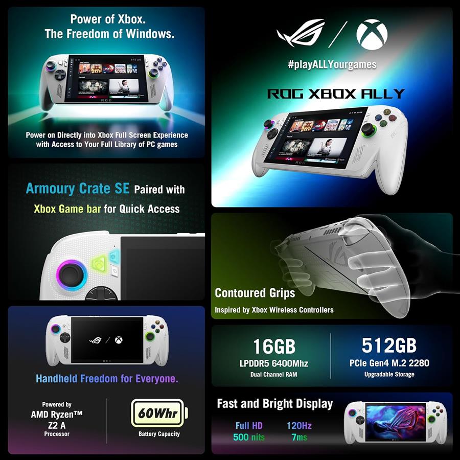 ASUS ROG Xbox Ally 7” 1080p 120Hz Gaming Handheld Touchscreen AMD Ryzen Z2 A 16GB RAM 512GB SSD White